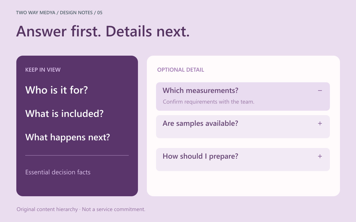 An original English content hierarchy keeping the service summary visible above optional expandable detail rows.