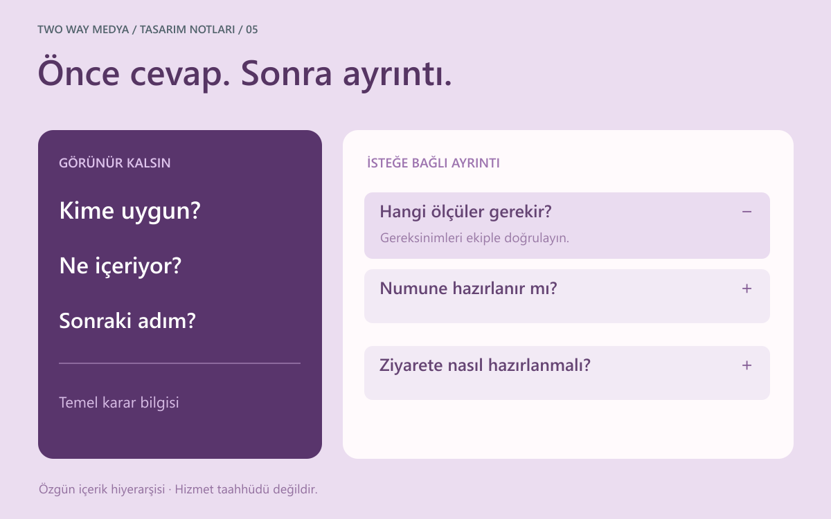 Türkçe hizmet kapsamını açık tutan ve isteğe bağlı ayrıntıları açılır satırlara ayıran özgün içerik hiyerarşisi.