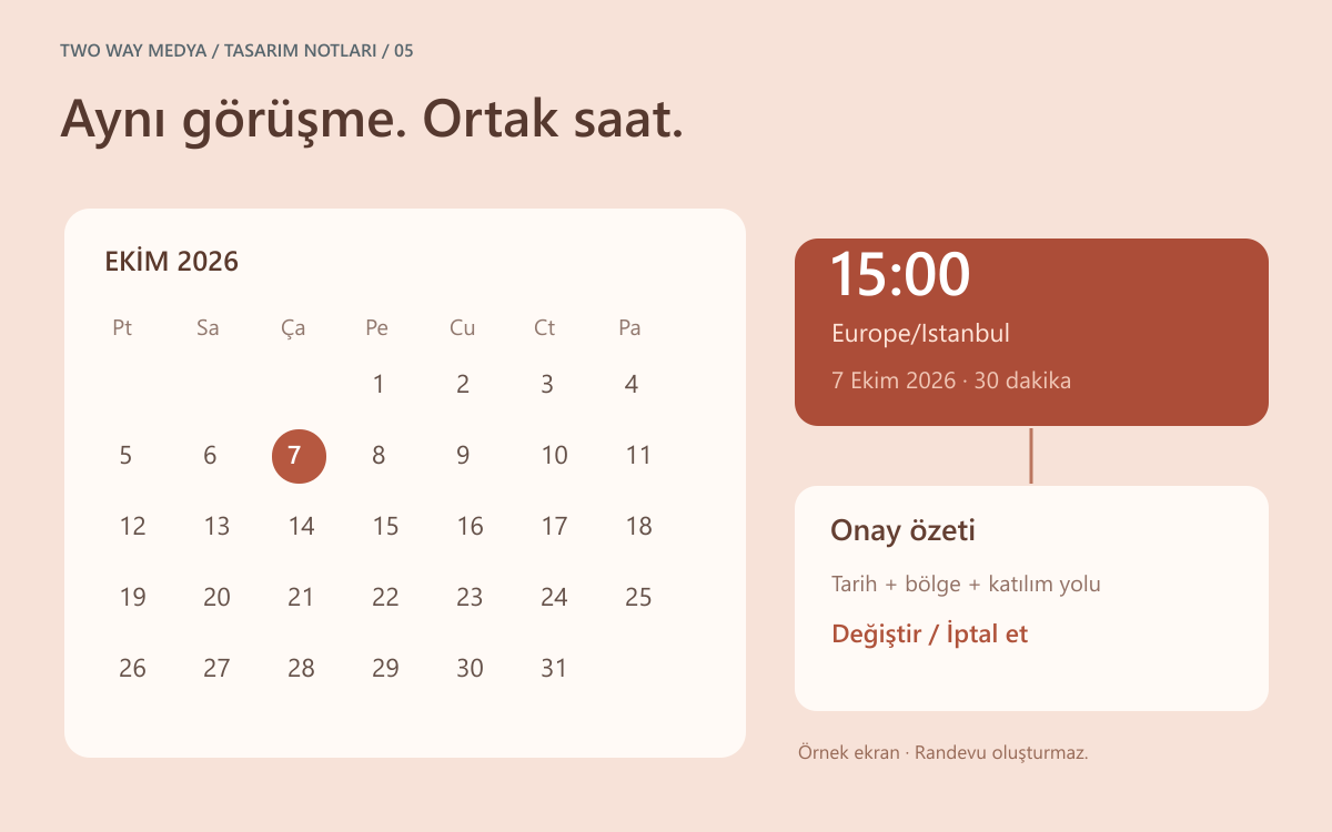 Türkçe bir görüşme planlama ekranında tarih, İstanbul saat dilimi ve onay durumunu ayrı gösteren özgün takvim tasarımı.