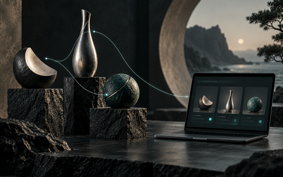 Sculptural products beside a digital catalogue screen.