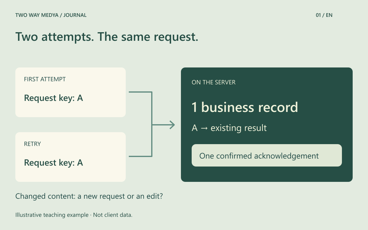 Original teaching diagram connecting two attempts with the same request key to one record and one acknowledgement.