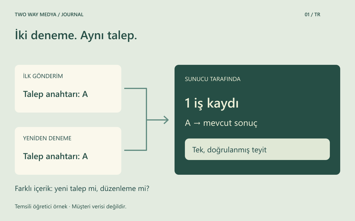 Aynı talep anahtarıyla yapılan iki denemenin tek kayıt ve tek teyide bağlandığını gösteren özgün öğretici şema.