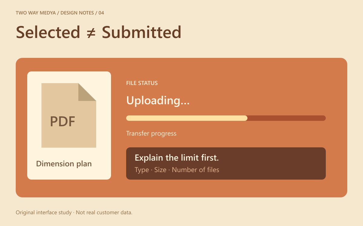 English upload-interface study showing a selected drawing, transfer progress and an explanatory size-limit message.