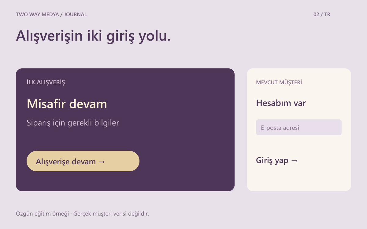 Misafir devam ve mevcut hesaba giriş yollarını yan yana gösteren Türkçe alışveriş kararı çizimi.