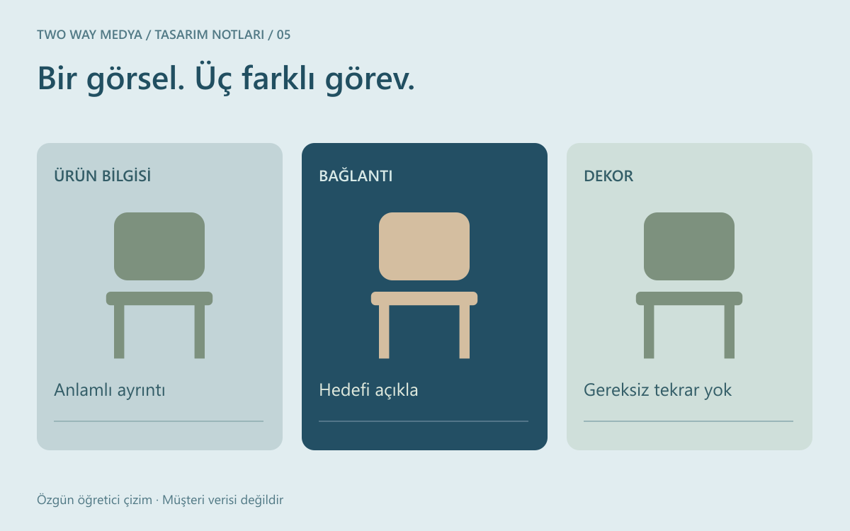 Türkçe alt metin karar şeması: aynı sandalye çizimi ürün bilgisi, bağlantı ve dekor bağlamlarında üç farklı görevle gösteriliyor.