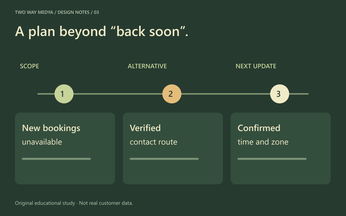 English maintenance-notice illustration placing the affected task, alternative contact route and next status update on a timeline.
