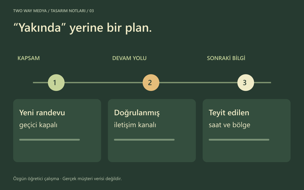 Türkçe bakım bildirimi çizimi: etkilenen işlem, alternatif iletişim ve sonraki durum güncellemesi bir zaman çizgisinde.