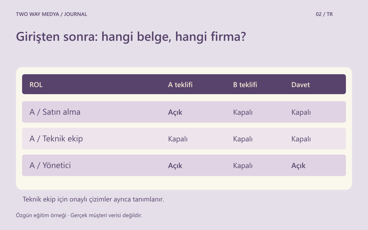 İki temsili firma ve belge görüntüleme ile kullanıcı yönetimi yetkilerini ayıran özgün erişim matrisi.