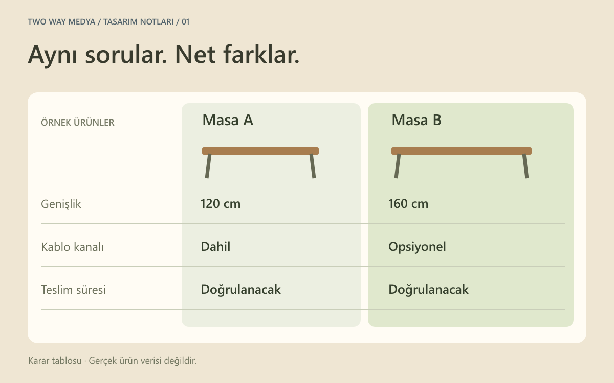 Türkçe iki hayali çalışma masasını genişlik, kullanım ve kablo kanalı açısından karşılaştıran özgün ürün tablosu.