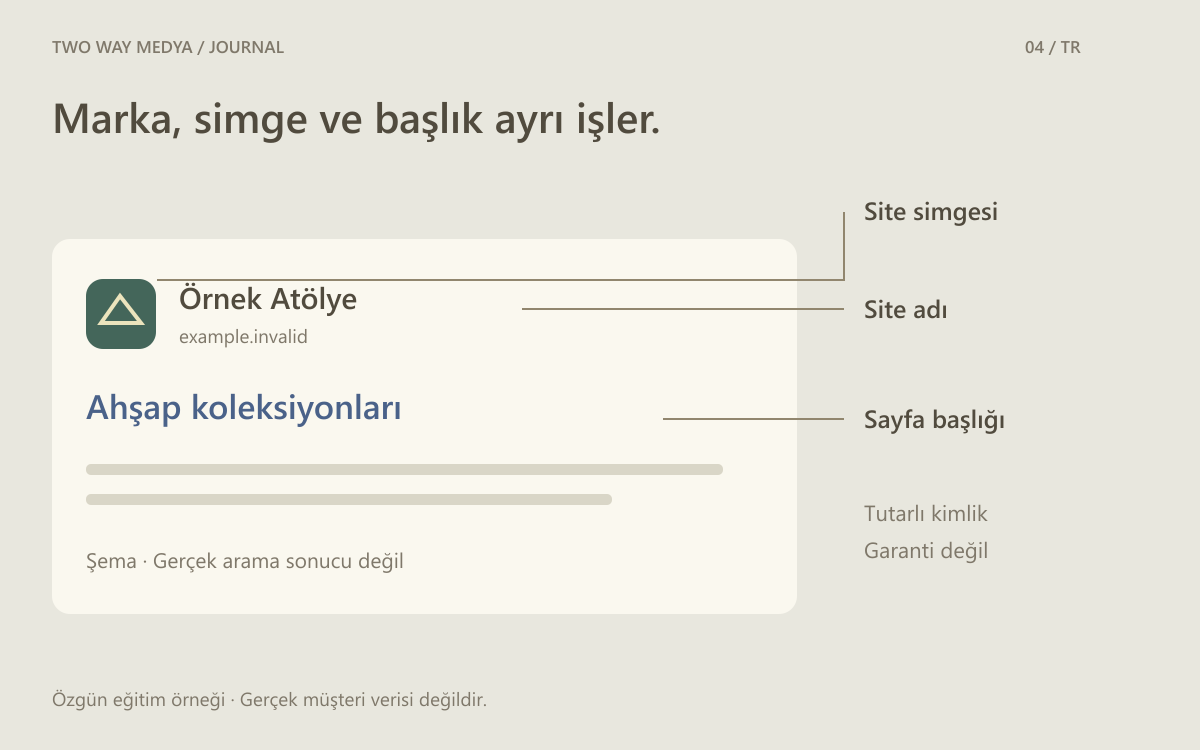 Örnek arama sonucunda site adı, küçük marka simgesi ve sayfa başlığını ayrı etiketlerle gösteren Türkçe açıklama çizimi.