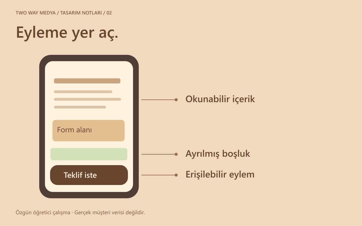 Türkçe mobil teklif barı şeması: telefon ekranında içerik, ayrılmış alt boşluk ve erişilebilir teklif eylemi ayrı katmanlarda.
