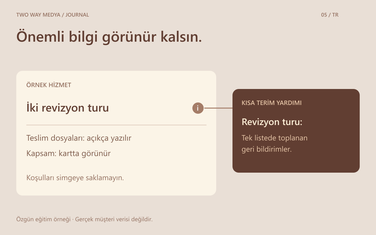 Hizmet kapsamını açık metinde, kısa terim açıklamasını ayrı yardım balonunda gösteren Türkçe arayüz çizimi.