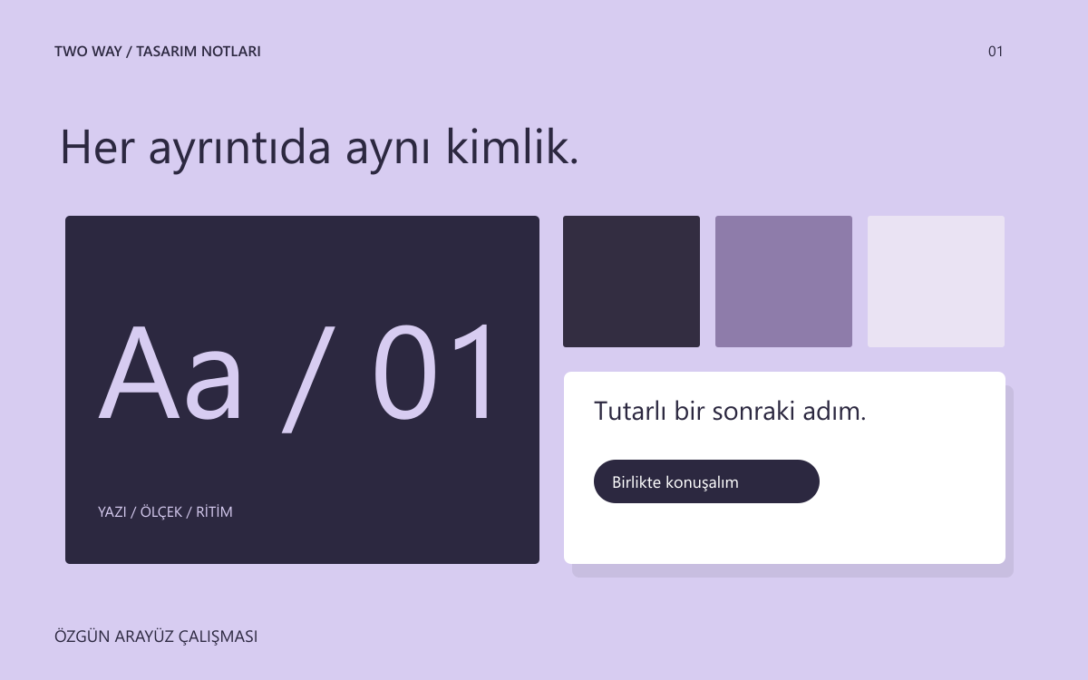 Harf, renk ve bileşenlerden oluşan özgün marka sistemi çalışma sayfası.