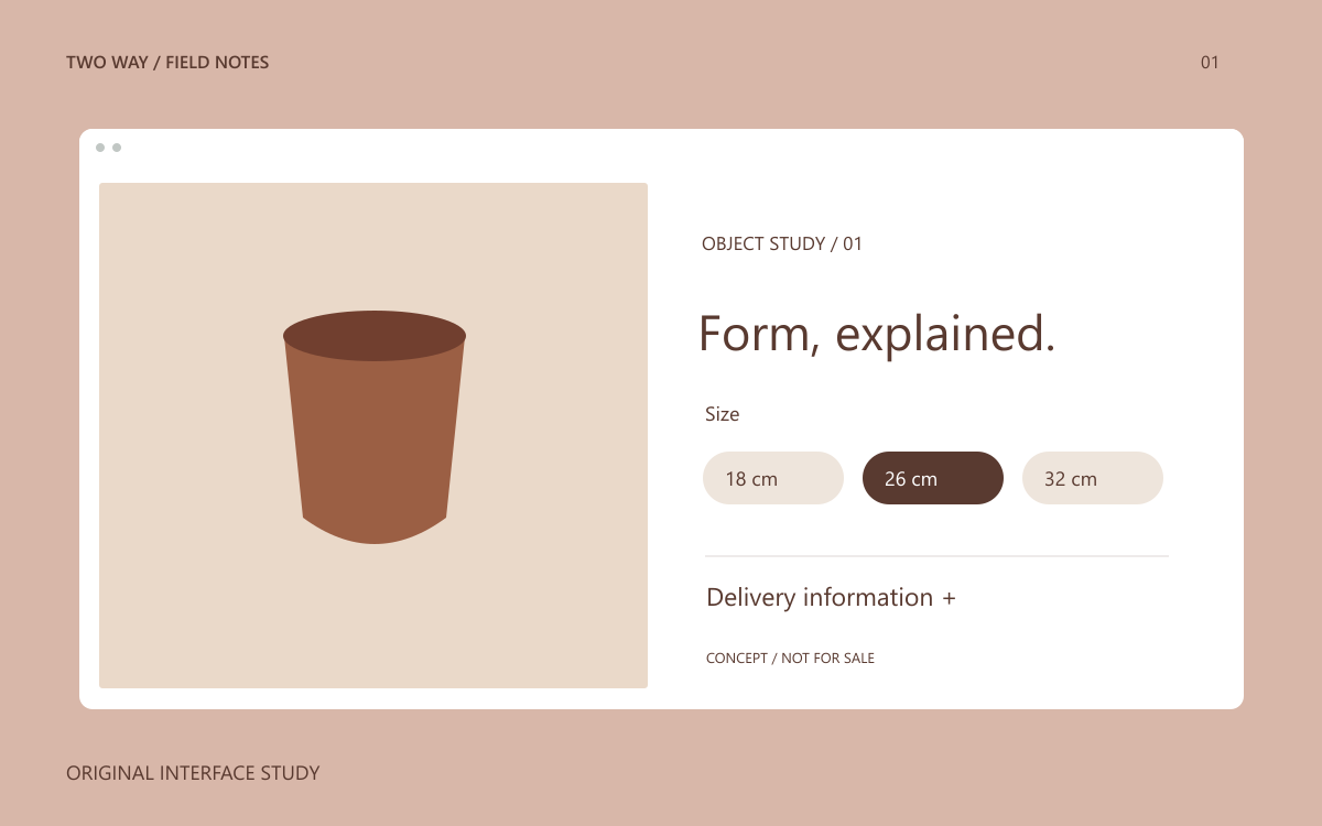 A conceptual product page with imagery, size selection and delivery details.