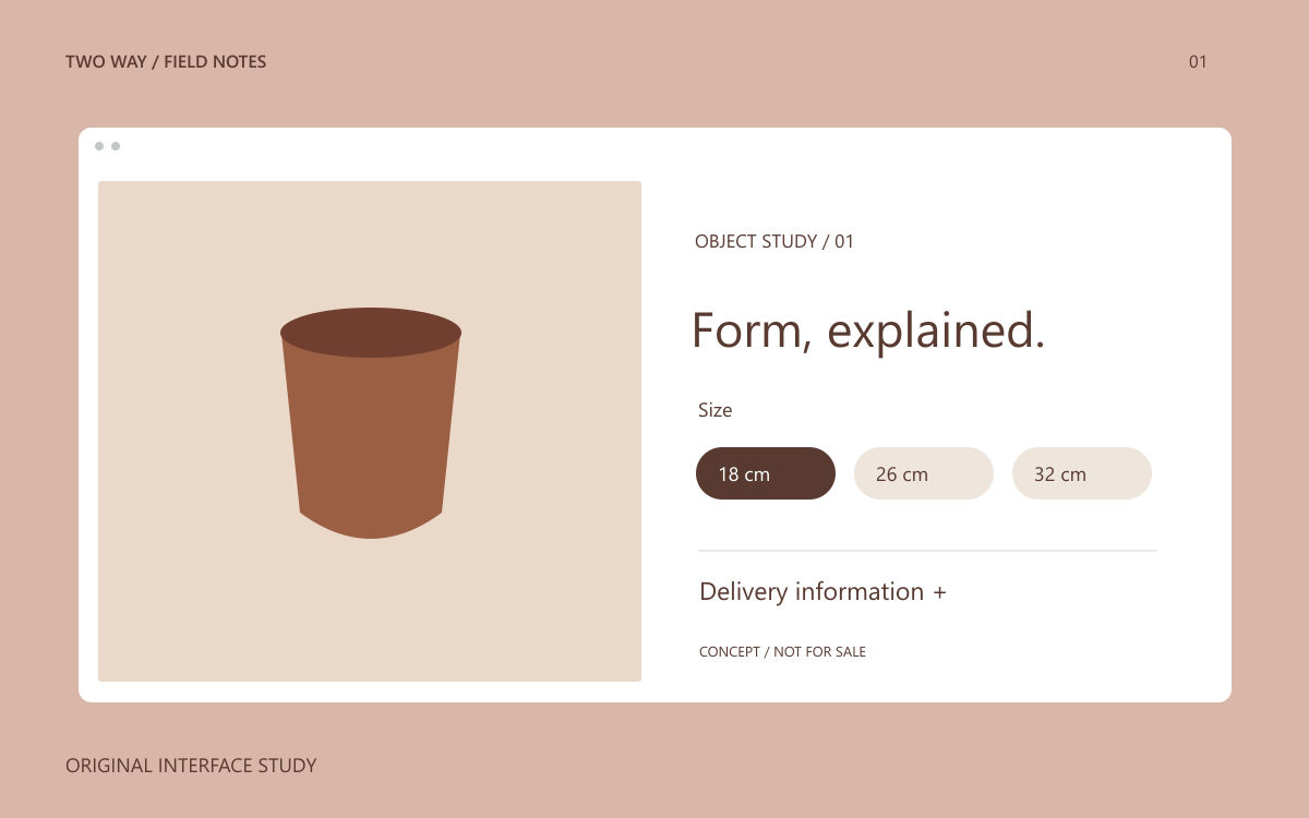 A conceptual product page with imagery, size selection and delivery details.