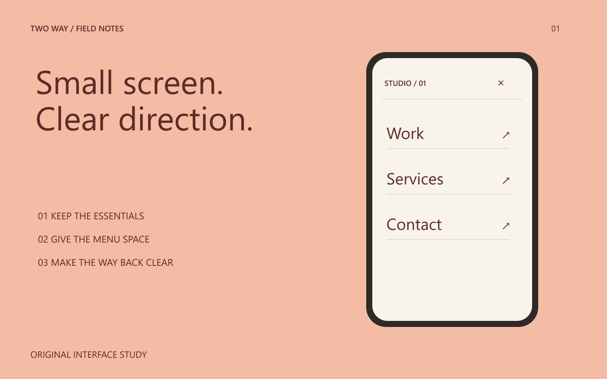 An open and closed mobile menu example on a peach background.