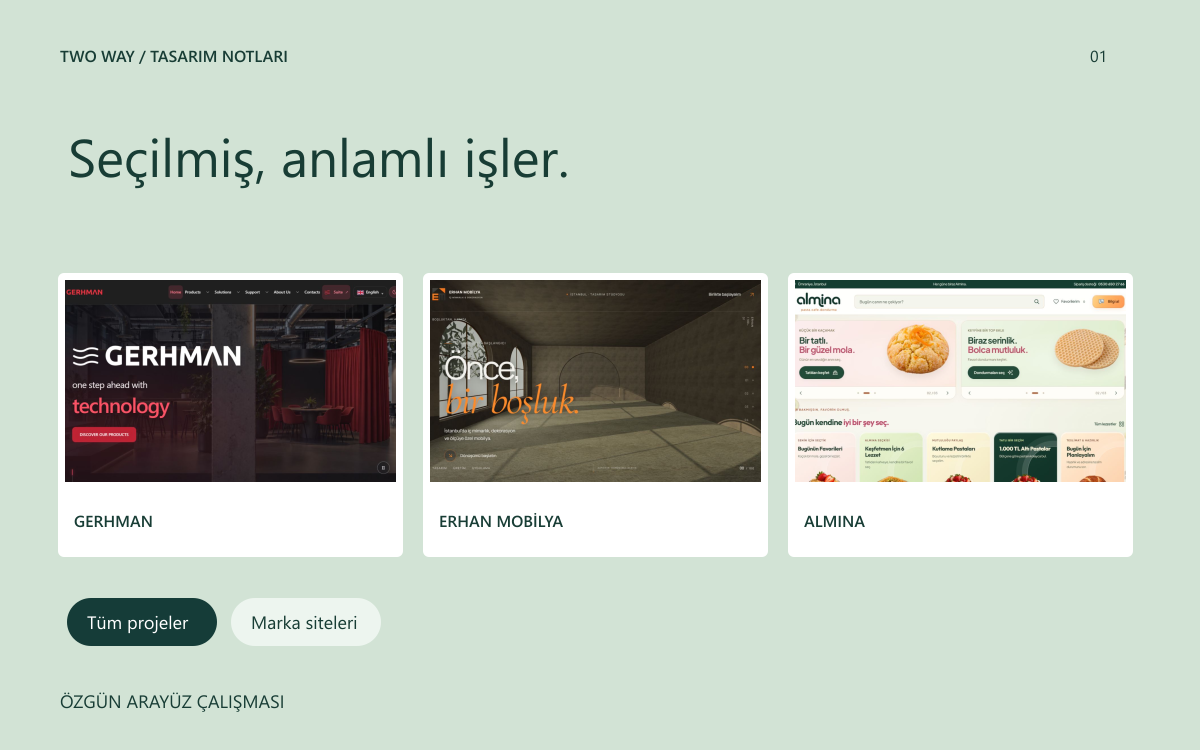 Gerhman, Erhan Mobilya ve Almina arayüzleriyle proje seçimi.