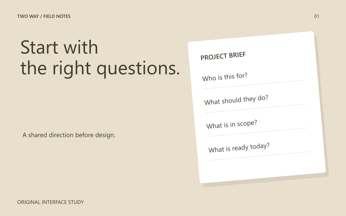 A website brief card connecting goals, audiences and scope.