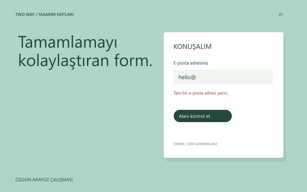 Açık alan etiketleri ve hata mesajıyla iletişim formu örneği.