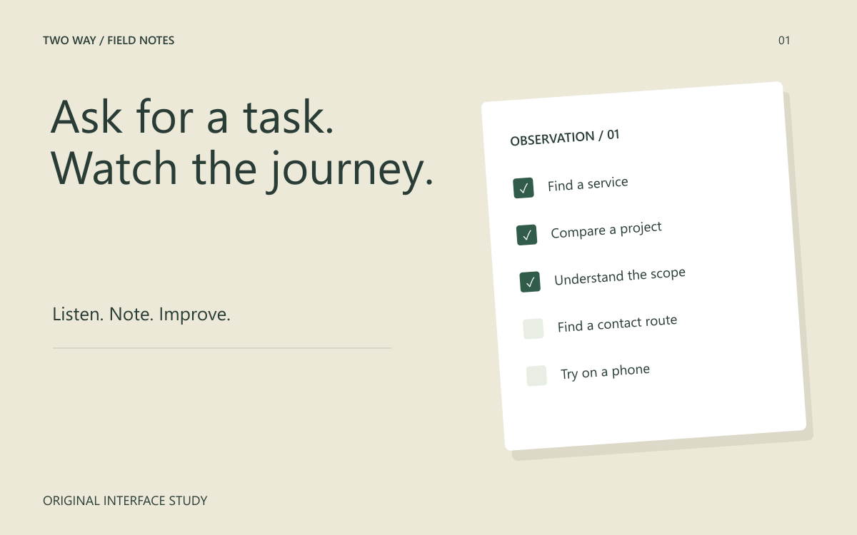 An original usability task card with observation fields.