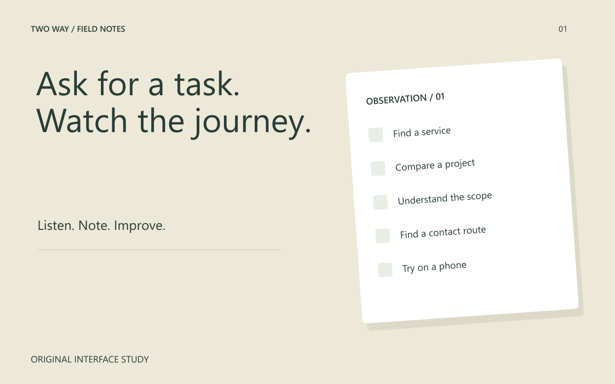 An original usability task card with observation fields.