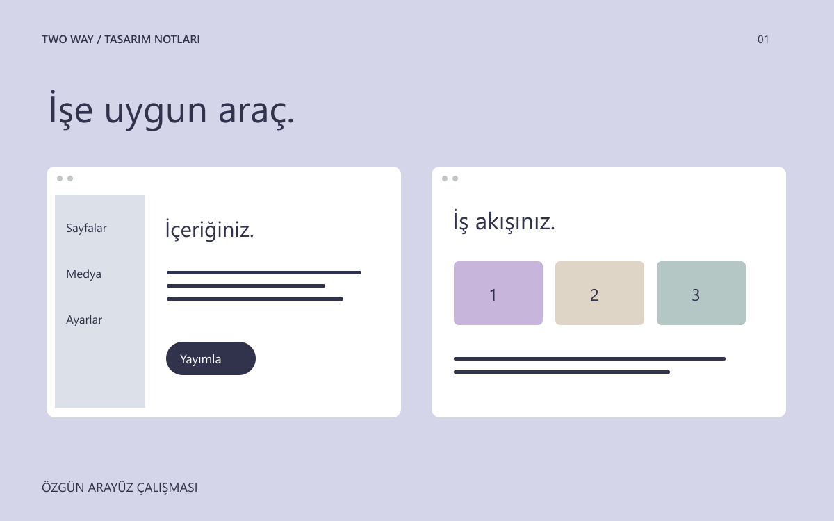 İçerik yönetimi ile özel geliştirmeyi yan yana ele alan iki arayüz taslağı.