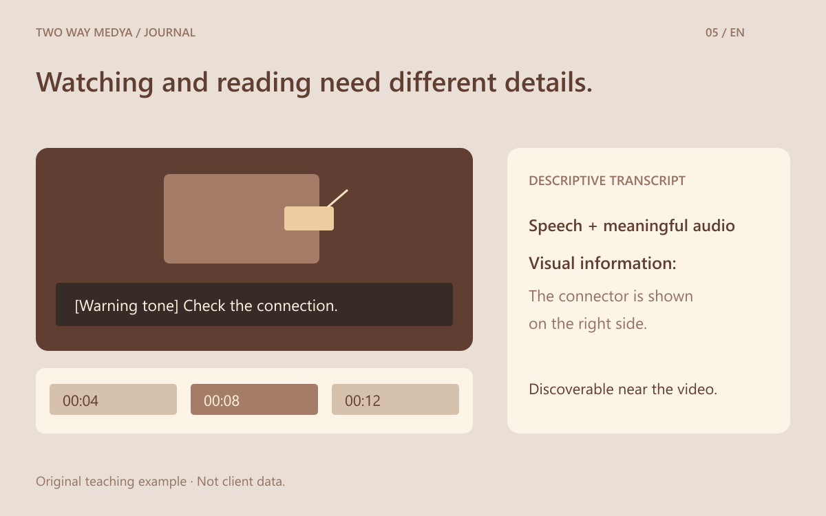 English illustration pairing a video timeline with speech and meaningful sound captions and a separate descriptive transcript.