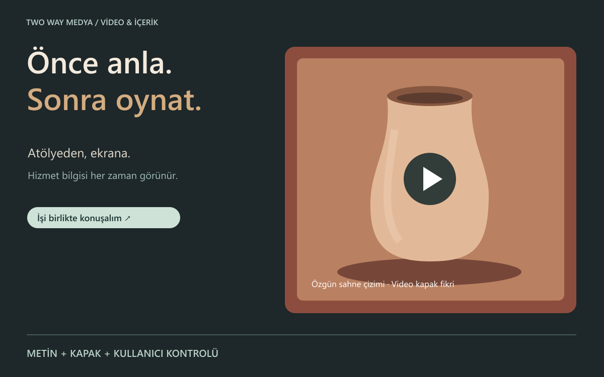 Türkçe bir atölye tanıtımında sabit açıklama ile kullanıcı tarafından başlatılan video alanını ayıran özgün kompozisyon.