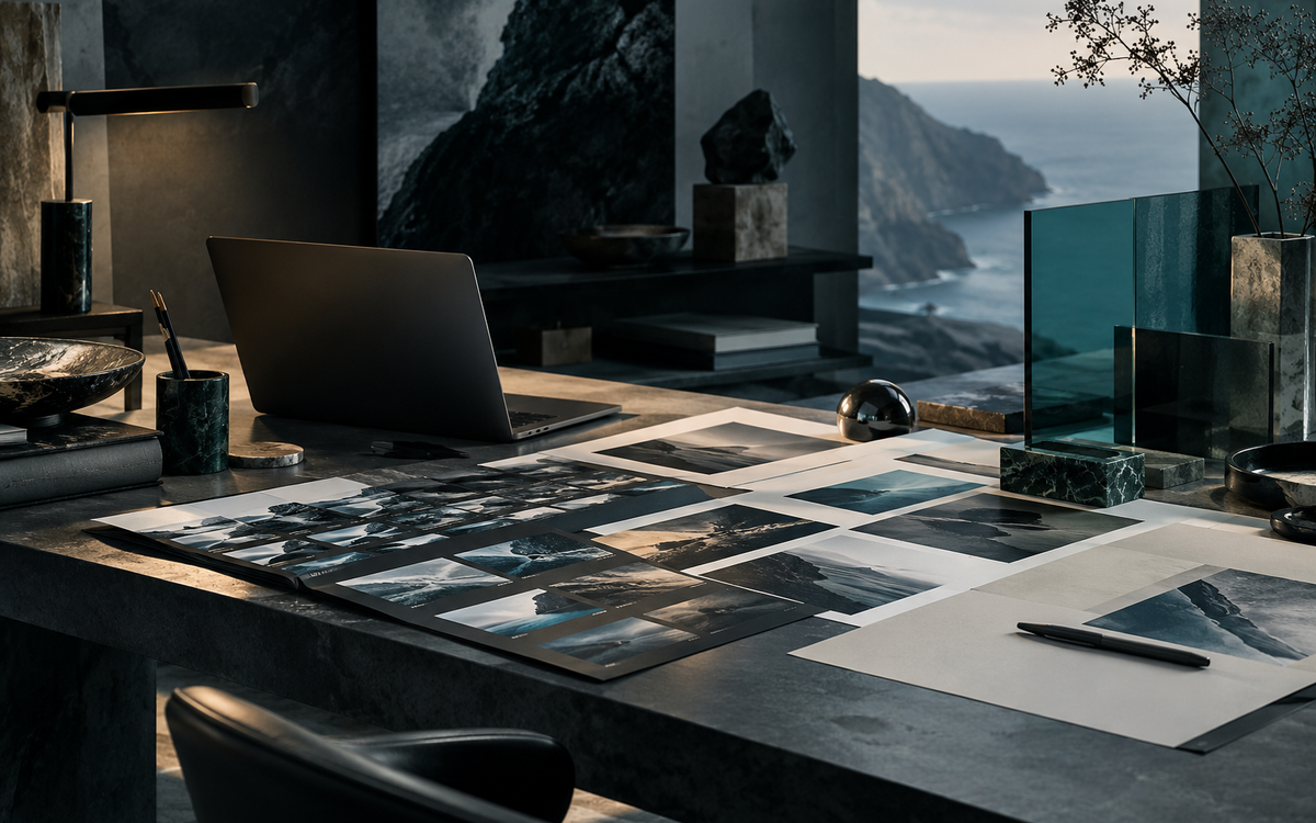 Photographs, page layouts and a laptop on a design desk.