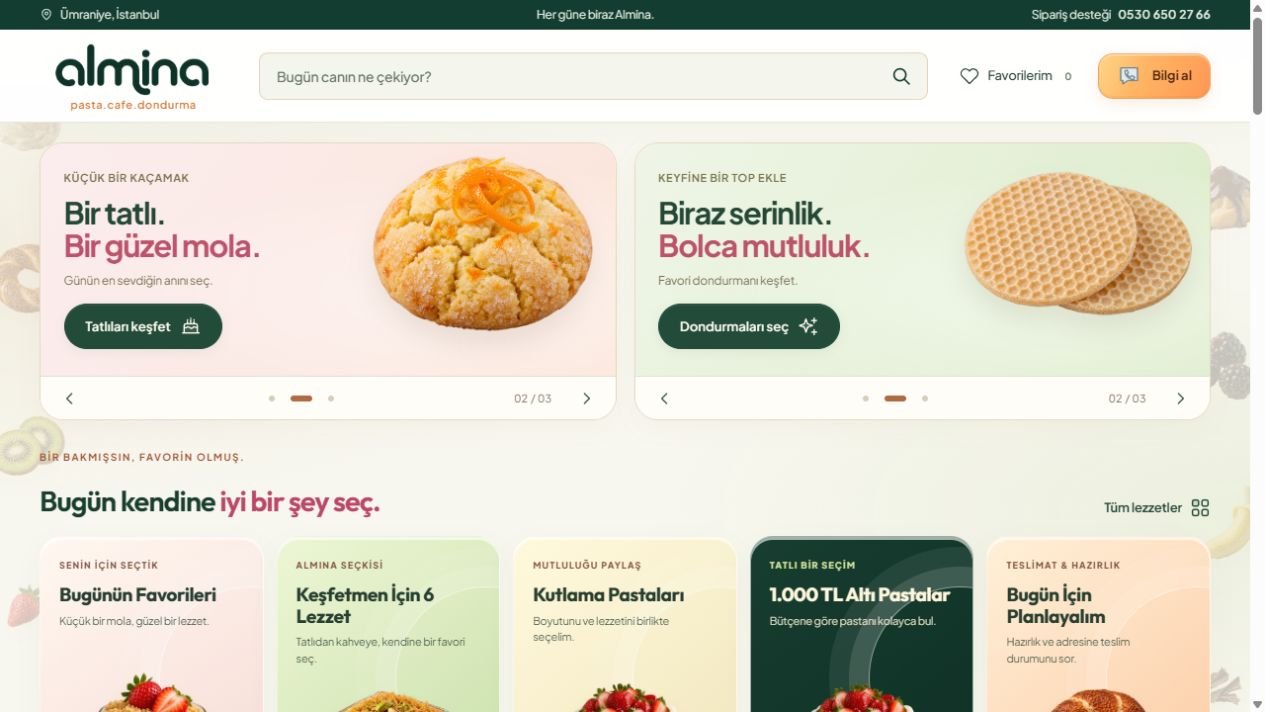 Almina Pasta Cafe — web sitesi arayüzünün ekran görüntüsü